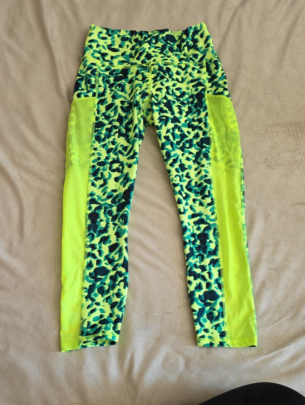 Fabletics Neon Yellow & Teal Animal Print High-Waist Leggings with Mesh Panels